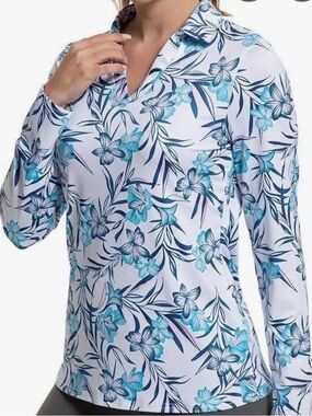 Women’s GGOV Floral Golf Shirt - White & Teal